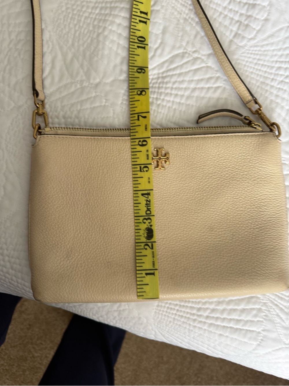 Tory Burch Beige Pebbled Leather Crossbody with Gold Logo